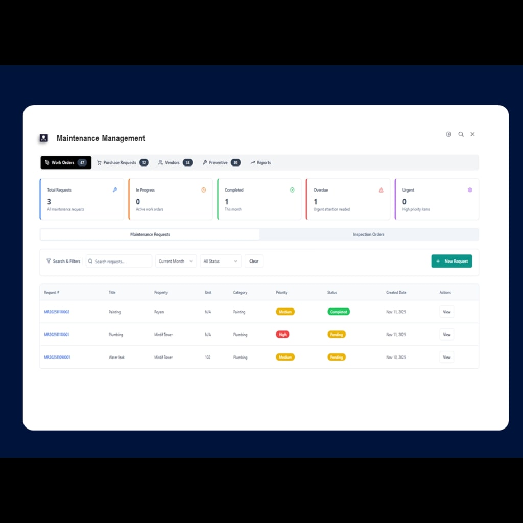 Maintenance management system with work orders and vendor tracking