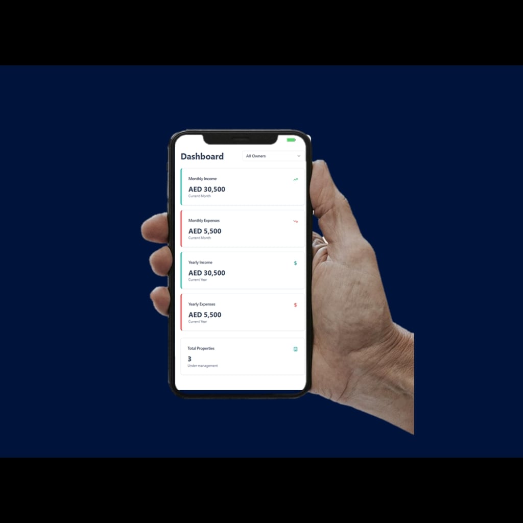 Mobile app dashboard showing property portfolio with real-time data